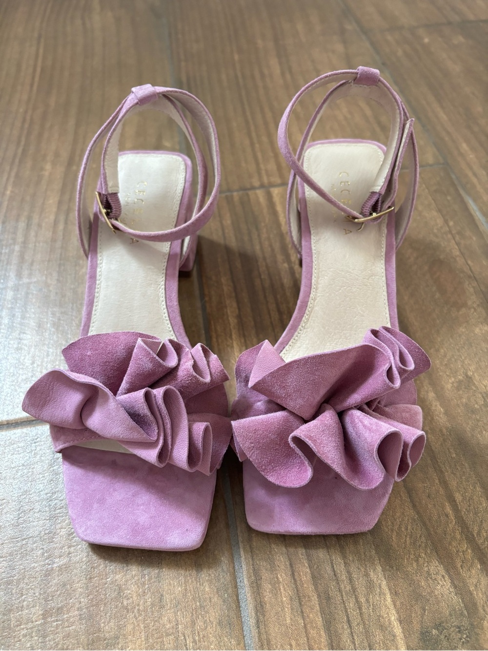 CECELIA NEW YORK Heather Mauve Ruffle Ankle-Strap Block Heels